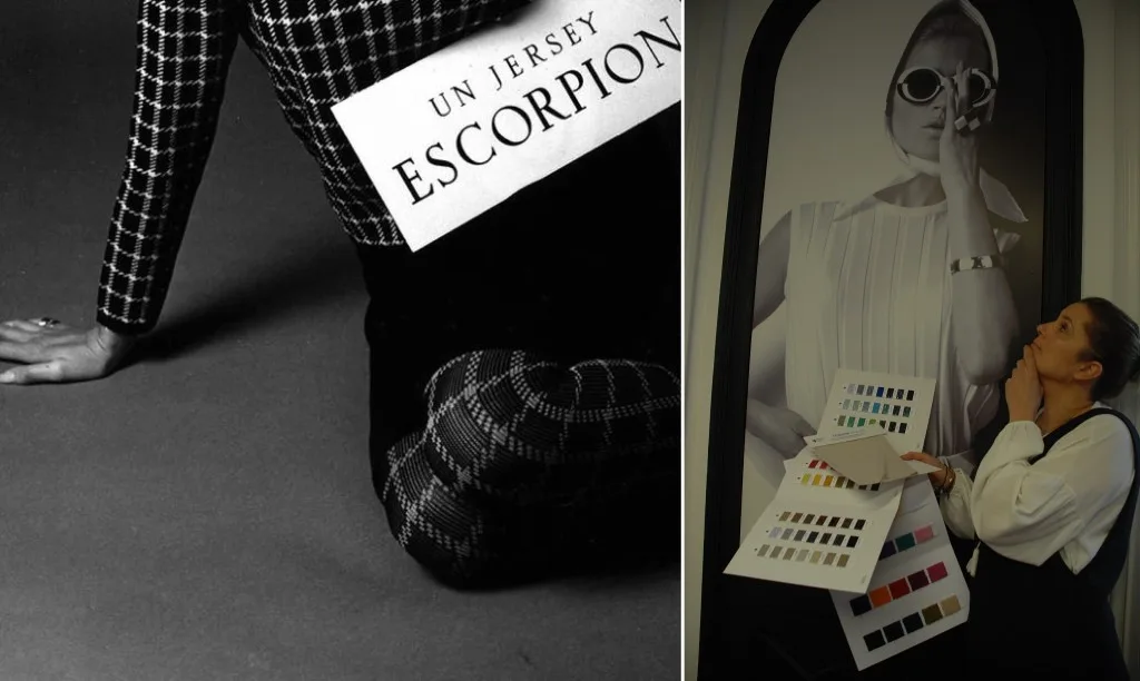 ESCORPION STUDIO BARCELONA Oficinas centrales Sybille ante carteles publicitarios de campañas emblemáticas